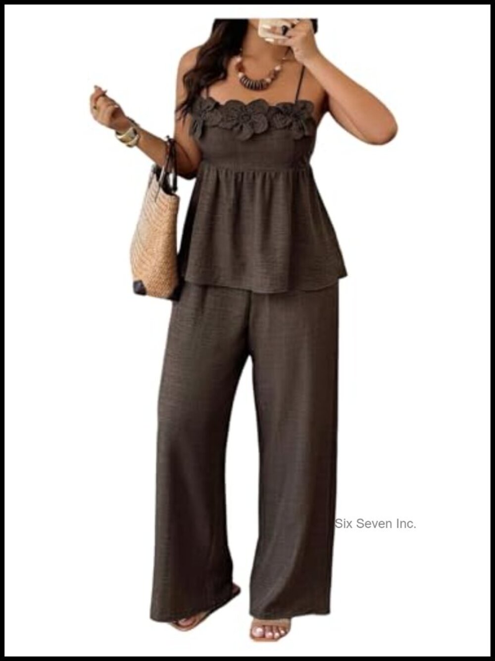 3D Floral Peplum Cami & Wide Leg Pants Set Sleeveless Vacation